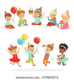 Little Children Birthday Celebration Party With Festive Attributes And Adorable Kids Set Of Characters