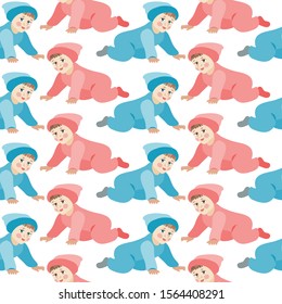 Little children in blue and pink baby suits and hat, standing on all fours. Vector illustration, seamless pattern, isolated on white.