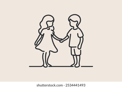 Little children. Boy and girl holding hands. Vector line art. Emblem, logo, icon	