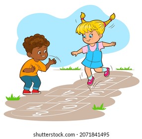 Little children, a boy and a girl, are jumping happily while playing hopscotch. Vector illustration in cartoon style, black and white isolated line art