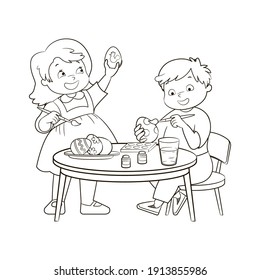 little children, a boy and a girl are painting Easter eggs while sitting at a round table. coloring book, vector illustration, black and white sketch, line art