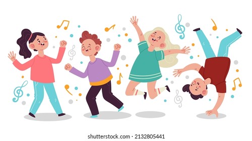 Little children boy girls dancing. Vector graphic design flat illustration set