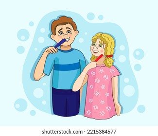 Little children brushing teeth on light background