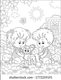 Little children brushing their cheerful small Papillon puppy for a walk on a sunny summer day, black and white outline vector cartoon illustration for a coloring book page