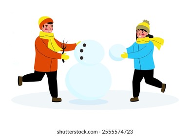 Little children build a snowman and feel happy. Boy girl making a snowman. Vector illustration in flat style on a white background.