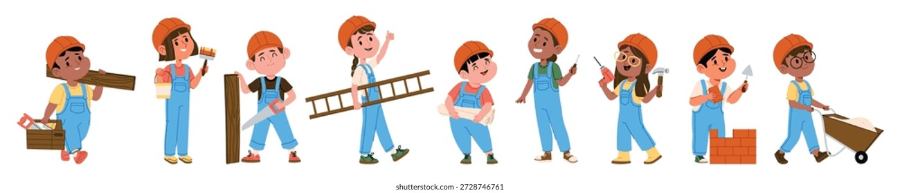 Criançinhas construtoras e trabalhadores da construção em chapéus duros e macacões de segurança com ferramentas e plantas. Crianças animadas engenheiros e empreiteiros equipe desfrutando de construção trabalho ilustração vetor
