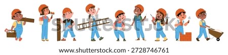 Little children builders and construction workers in hard hats and safety overalls with tools and blueprints. Excited kids engineers and contractors team enjoying building work vector illustration