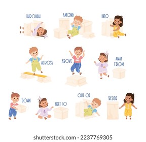 Little Children with Cardboard Box as Prepositions Demonstration Vector Set