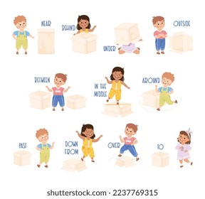 Little Children with Cardboard Box as Prepositions Demonstration Vector Set