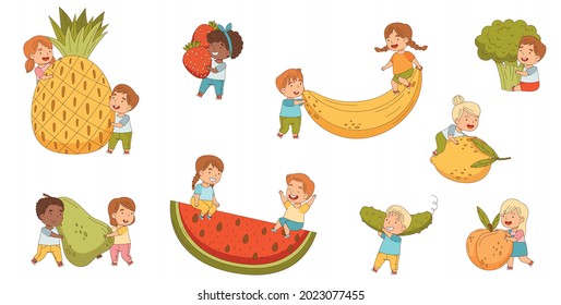 Little Children Carrying and Playing with Huge Fruit and Vegetables Vector Set