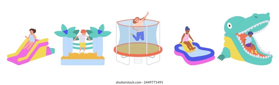 Little children cartoon character having fun enjoying free joyful time in mini inflatable attraction