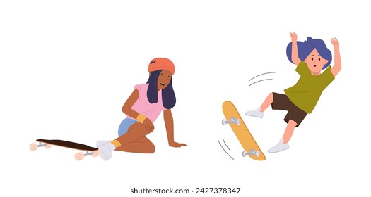 Little children cartoon characters falling down while riding skateboard isolated vector illustration