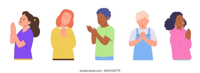 Little children cartoon characters praying with folded palms gesture wishing or asking isolated set