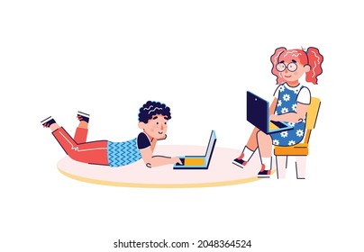 Little children cartoon characters using laptops, flat vector illustration isolated on white background. Children distance education and courses for kids.