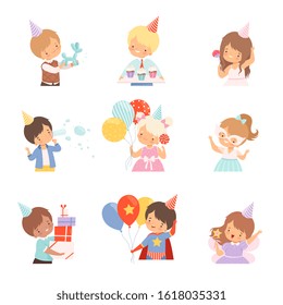 Little Children Celebrating Birthday Holding Festive Attributes Vector Illustrations Set