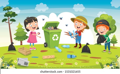 Little Children Cleaning And Recycling Garbage