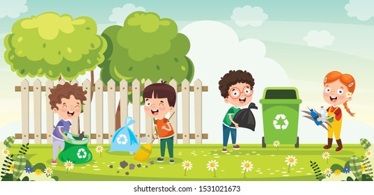 Little Children Cleaning And Recycling Garbage