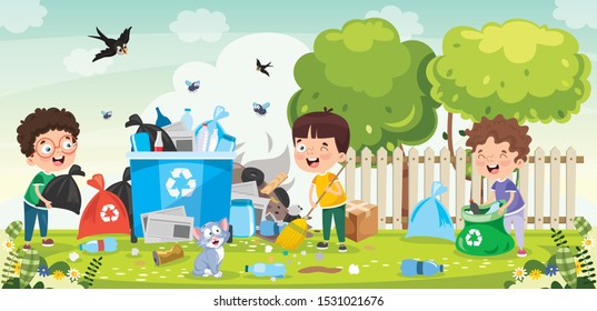 Little Children Cleaning And Recycling Garbage