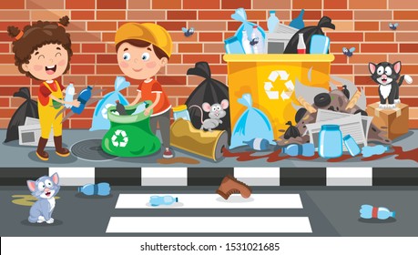 Little Children Cleaning And Recycling Garbage