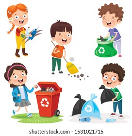 Little Children Cleaning And Recycling Garbage