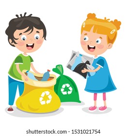 Little Children Cleaning And Recycling Garbage