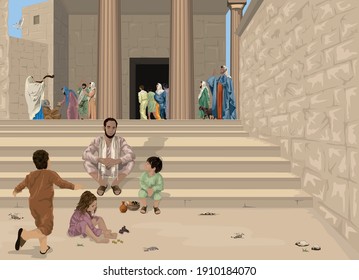 Little Children Come To Jesus With Pharisees In Distance Praying and Giving To Charity - illustrating Matthew 18:3