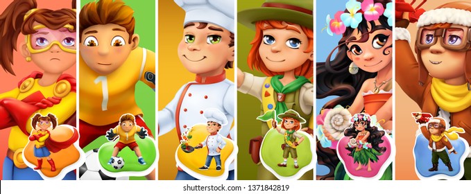 Little children in costumes. Superhero, football player, cook, scout, pilot. 3d vector icon set
