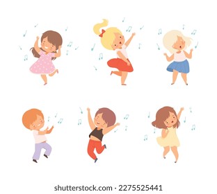 Little children dancing set. Cute boys and girls dancing and happily jumping cartoon vector illustration