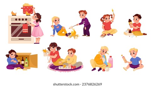 Little Children in Dangerous Situations Being Unsafe Vector Set