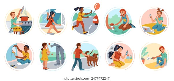 Little children in dangerous situations flat color vector icon set. Awareness about kids safety round illustration pack on white background