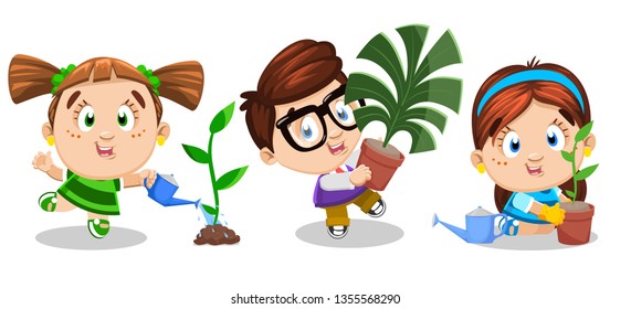 Little children doing gardening. Cute boy and girls planting to pots and watering plants, flowers. Cartoon stock vector set isolated on white background. Concept of ecology education, kid`s hobby.
