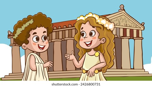 Little children dressed in ancient Greek antique costumes are talking.Happy children wearing Roman, Greek, Roman ancient tunics.