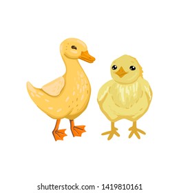 Little children duckling and chicken. Newborn birds, yellow plumage. Vector isolated character on white background. Cartoon flat style illustration.