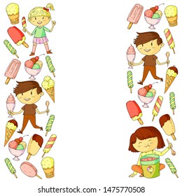 Little children eating ice cream. Summer vacation. Sweet fruit desert.