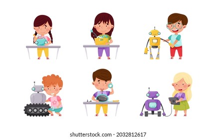 Little Children Engineering and Creating Robots Vector Illustrations Set