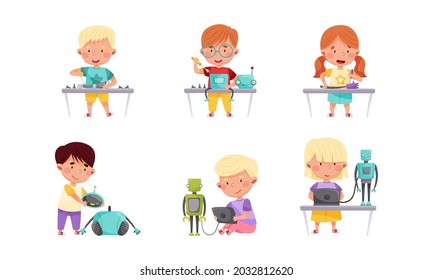 Little Children Engineering and Creating Robots Vector Illustrations Set