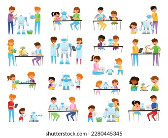 Little Children Engineering and Creating Robots Vector Big Illustration Set