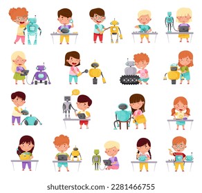 Little Children Engineering and Creating Robots Vector Illustrations Set