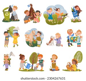 Little Children Enjoying Nature and Discovering Surrounding Environment Big Vector Set