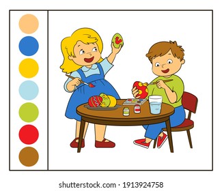 Little children enthusiastically paint eggs for Easter, with brushes and paints. Vector illustration in cartoon style isolated on white background