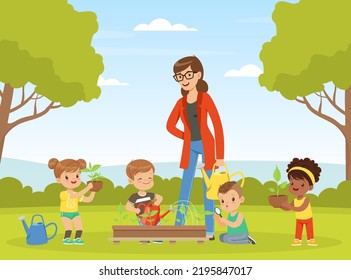 Little Children with Female Teacher Having Botany Lesson Watering Plant Vector Illustration