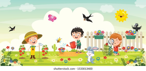 Little Children Gardening And Planting