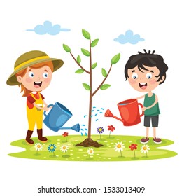 Little Children Gardening And Planting