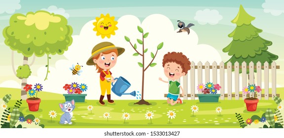 Little Children Gardening And Planting