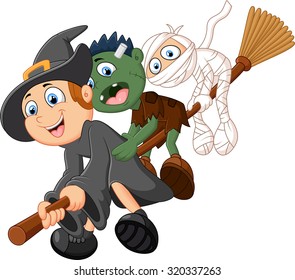 Little children and ghost fly with broom