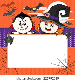 little children with Halloween costumes with bats and blank board for your text