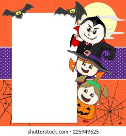 little children with Halloween costumes with bats and blank board for your text