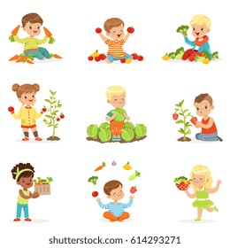 Little children having fun and playing with vegetables, set for label design. Cartoon detailed colorful Illustrations