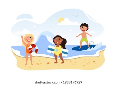 Little children are having fun time at the beach together. Kids are spending summer time at the sea. Surfing and sunbathing. Concept of outdoor activity at the beach. Flat cartoon vector illustration