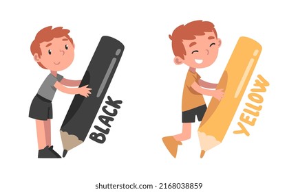 Little children holding black and orange pencils. Happy boys drawing with big crayons cartoon vector illustration